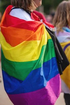 Belgrade Pride Protest March with Rainbow Flags Stock Photos