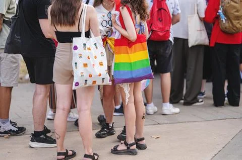 Belgrade Pride Protest March with Rainbow Flags Stock Photos
