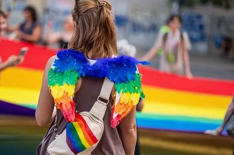 Belgrade Pride Protest March with Rainbow Flags Stock Photos