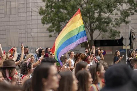 Belgrade Pride Protest March with Rainbow Flags Stock Photos