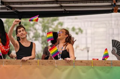 Belgrade Pride Protest March with Rainbow Flags Stock Photos