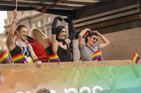 Belgrade Pride Protest March with Rainbow Flags Stock Photos