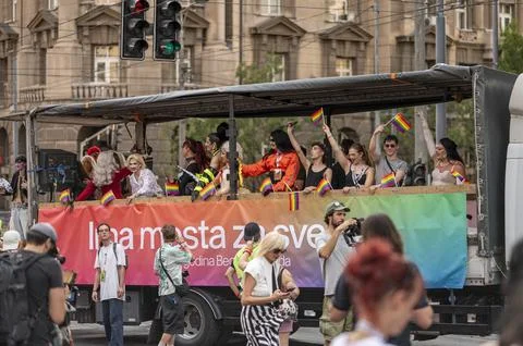 Belgrade Pride Protest March with Rainbow Flags Stock Photos
