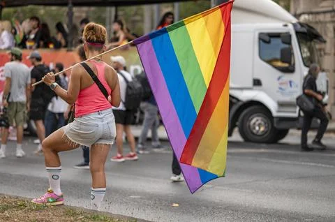 Belgrade Pride Protest March with Rainbow Flags Stock Photos