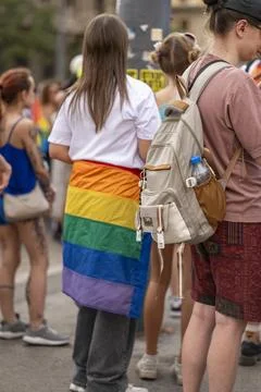 Belgrade Pride Protest March with Rainbow Flags Stock Photos
