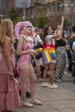 Belgrade Pride Protest March with Rainbow Flags Stock Photos