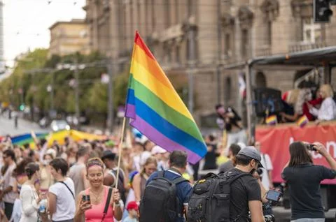 Belgrade Pride Protest March with Rainbow Flags Stock Photos