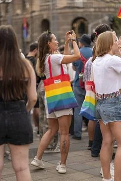Belgrade Pride Protest March with Rainbow Flags Stock Photos
