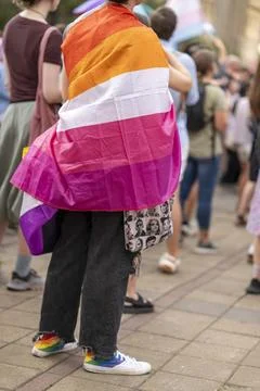 Belgrade Pride Protest March with Rainbow Flags Stock Photos