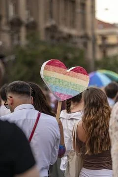 Belgrade Pride Protest March with Rainbow Flags Stock Photos