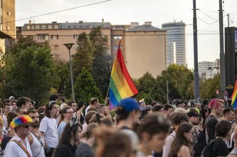Belgrade Pride Protest March with Rainbow Flags Stock Photos