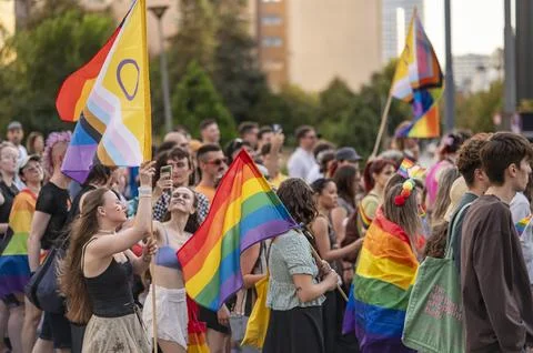 Belgrade Pride Protest March with Rainbow Flags Stock Photos
