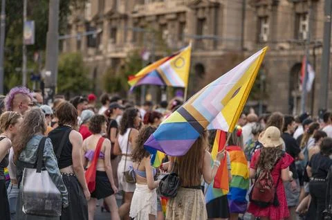 Belgrade Pride Protest March with Rainbow Flags Stock Photos