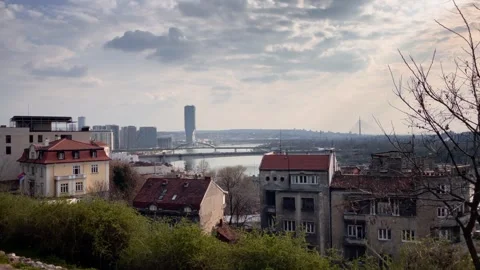 Belgrade waterfront tower overlooking the Sava River bridges, Belgrade, Serbia. Stock Footage 277491653