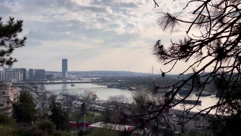 Belgrade waterfront tower overlooking the Sava River bridges, Belgrade, Serbia Stock Footage 277495676