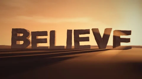 Believe Giant Eroded Stone Letters Standing in a Desert at Sunset with Stock Footage 342219979