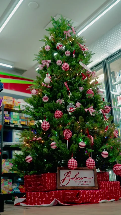 Believe in Magic of Christmas Sign Tree Gifts Red White Holiday Interior Stock Footage 332615084