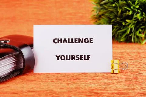 Believe in yourself, overcoming challenges concept. CHALLENGE YOURSELF text w Stock Photos