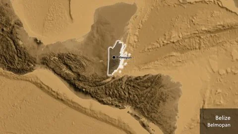 Belize border shape overlay. Glowed. Sepia elevation. Labels Stock Illustration
