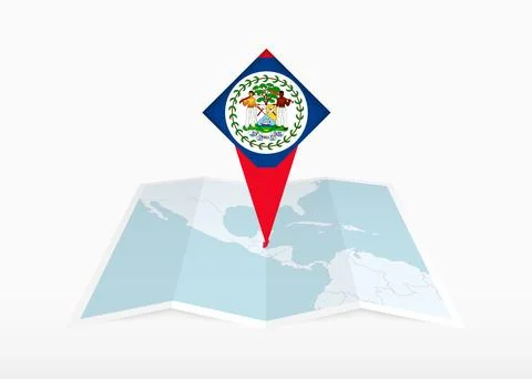 Belize is depicted on a folded paper map and pinned location marker with fl.. Stock Illustration