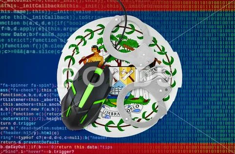 Belize flag and handcuffed computer mouse. Combating computer crime, hackers Stock Photos
