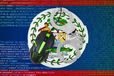 Belize flag  and handcuffed computer mouse. Combating computer crime, hackers Stock-Fotos