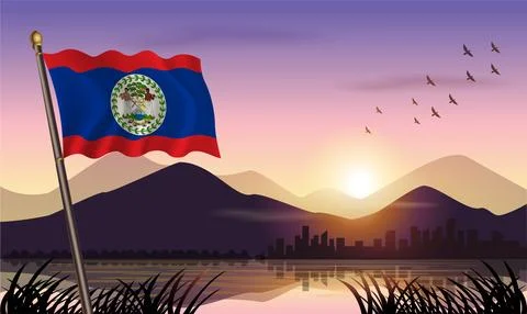 Belize flag flying against a beautiful sunrise sky. Stock Illustration