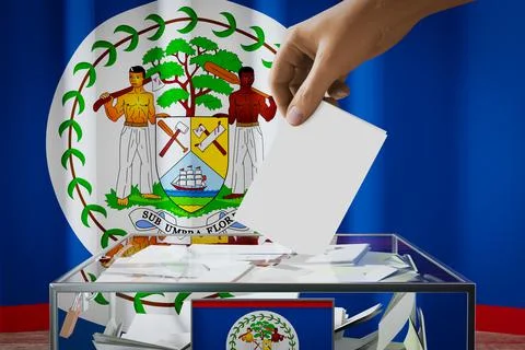 Belize flag, hand dropping ballot card into a box - voting, election concept  Illustration