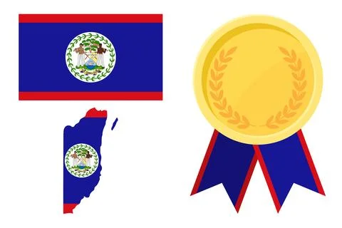 Belize flag with map and gold medal in set for web and banners or app and gam Stock Illustration