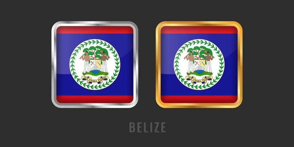 Belize Flag Square 3D Button Set in Gold and Silver Metallic Frames Stock Illustration