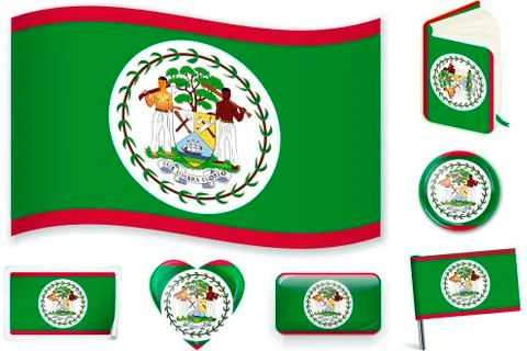 Belize flag wave, book, circle, pin, button, heart and sticker. Stock Illustration