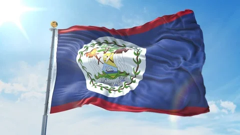 Belize flag waving in the wind against deep blue sky. National theme, interna Stock Footage 123981553