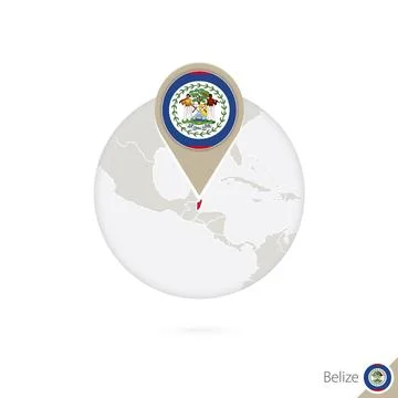 Belize map and flag in circle. Map of Belize, Belize flag pin. Map of Beliz.. Иллюстрация