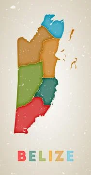 Belize map. Country poster with colored regions. Old grunge texture. Vector.. Stock Illustration