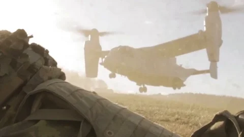 Bell Boeing V-22 Osprey landing in a field Stock Footage 110885481