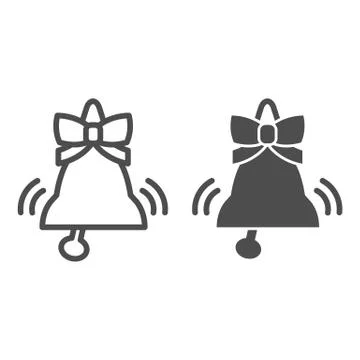 Bell with bow line and solid icon. Traditional holiday handbell outline style Illustration