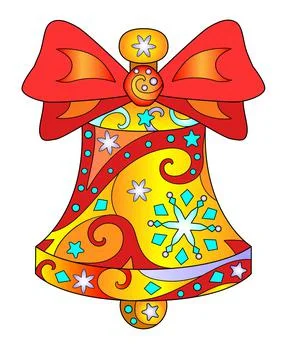 Bell with bow - vector linear full color illustration. Golden festive, Christmas Stock Illustration