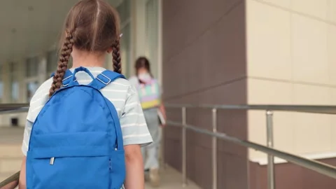 Bell class, friendly team child kid girls with pigtails go to school, child kid Stock Footage 306975364
