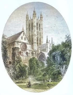 Bell Harry, the 75 meter high tower of Canterbury Cathedral, Christ Church Illustrazione stock