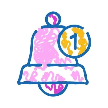 Bell icon with notification number one doodle drawing Stock Illustration