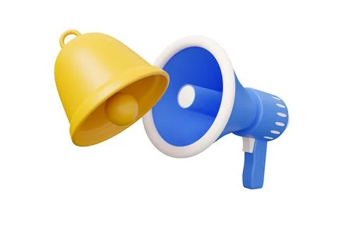Bell megaphone notification 3d render illustration in minimal cartoon style.. Stock Illustration