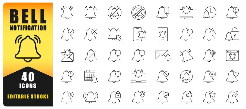 Bell Notification Line Icon Set Stock Illustration