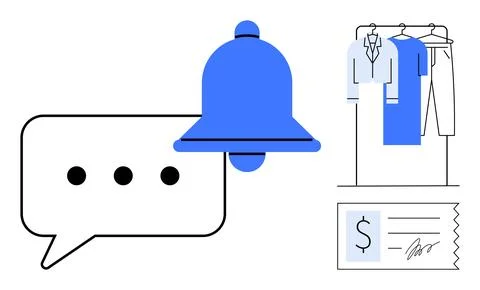 Bell notification over chat bubble, clothing items on hangers, and a signed r Stock Illustration