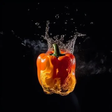 Bell pepper in the clash of water and fire on black background. Stock Illustration