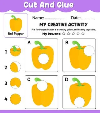 Bell Pepper Cut and Match Vector Worksheet, Preschool Learning Activity wit.. Stock Illustration