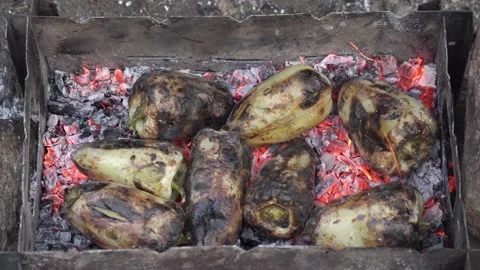 Bell pepper roasting on grill over hot charcoals. cooking tasty food. 動画素材 139651148