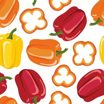 Bell pepper Seamless pattern. Different colors pepper. Whole and slices Stock Illustration