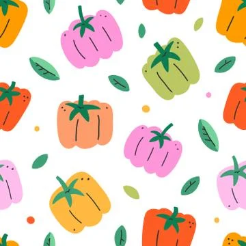 Bell pepper seamless pattern, hand drawn doodles . Yellow, green and red paprika Stock Illustration