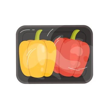 Bell peppers in black plastic tray, top view of styrofoam package with film wrap Stock Illustration