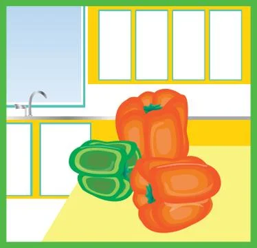 Bell Peppers in Bright Kitchen Stock Illustration